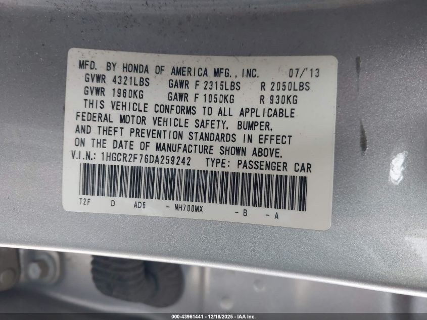 2013 Honda Accord Ex VIN: 1HGCR2F76DA259242 Lot: 43961441