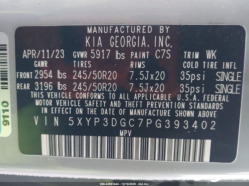 2023 Kia Telluride Ex X-Line VIN: 5XYP3DGC7PG393402 Lot: 43961444