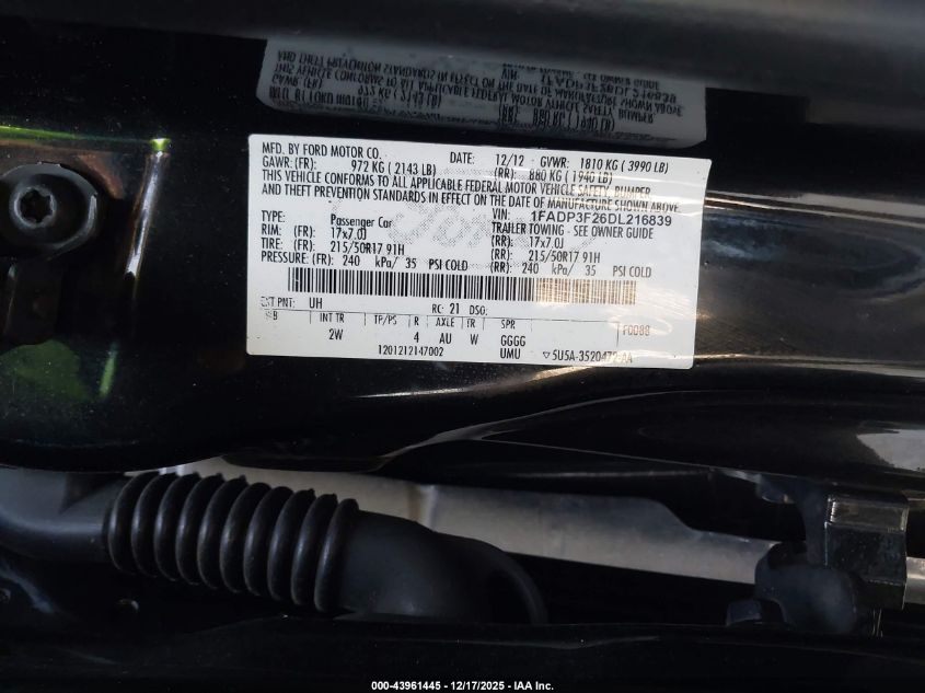 2013 Ford Focus Se VIN: 1FADP3F26DL216839 Lot: 43961445