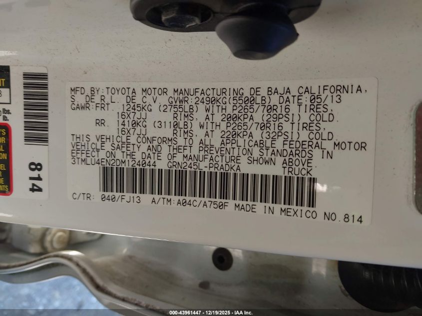 2013 Toyota Tacoma Base V6 VIN: 3TMLU4EN2DM124044 Lot: 43961447