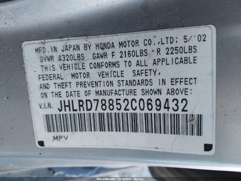 2002 Honda Cr-V Ex VIN: JHLRD78852C069432 Lot: 43961449