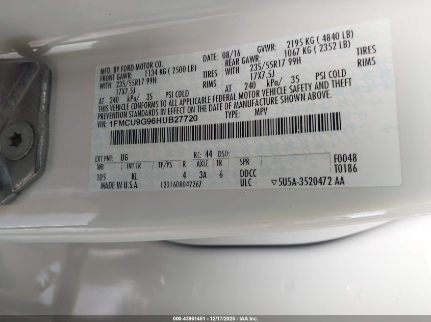 2017 Ford Escape Se VIN: 1FMCU9G96HUB27720 Lot: 43961451