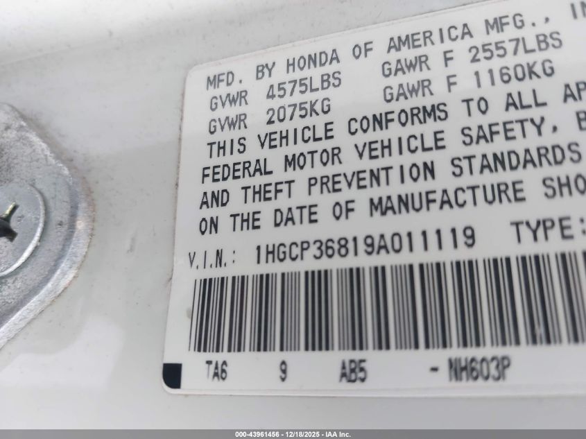 2009 Honda Accord 3.5 Ex-L VIN: 1HGCP36819A011119 Lot: 43961456