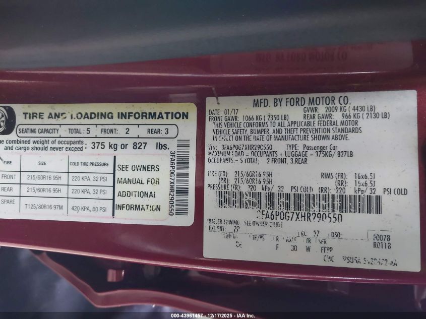 2017 Ford Fusion S VIN: 3FA6P0G7XHR290550 Lot: 43961457