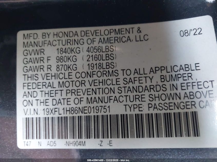 2022 Honda Civic Sport Touring VIN: 19XFL1H86NE019751 Lot: 43961459