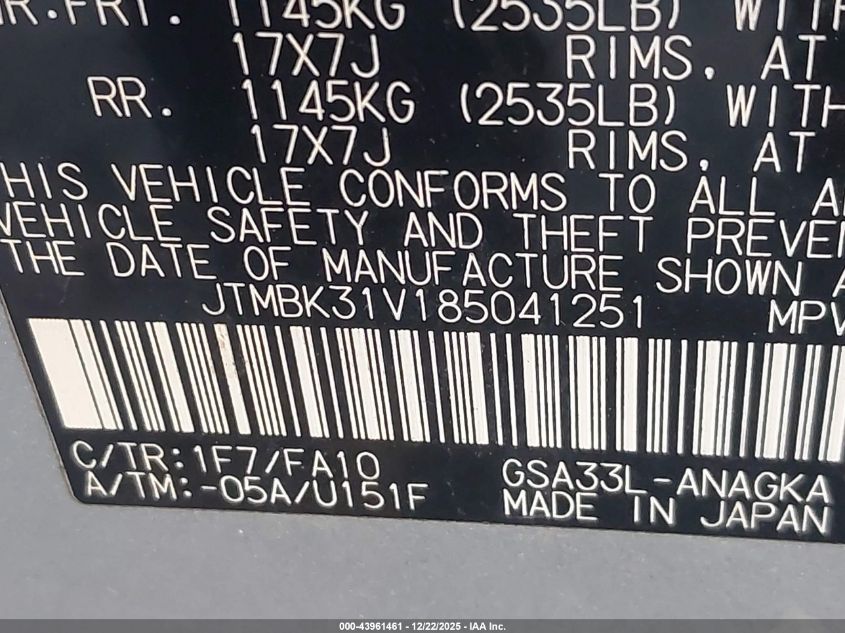 2008 Toyota Rav4 Limited V6 VIN: JTMBK31V185041251 Lot: 43961461