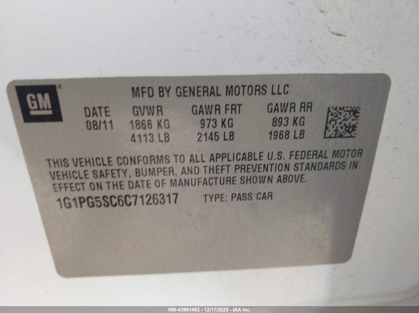 2012 Chevrolet Cruze 2Lt VIN: 1G1PG5SC6C7126317 Lot: 43961462