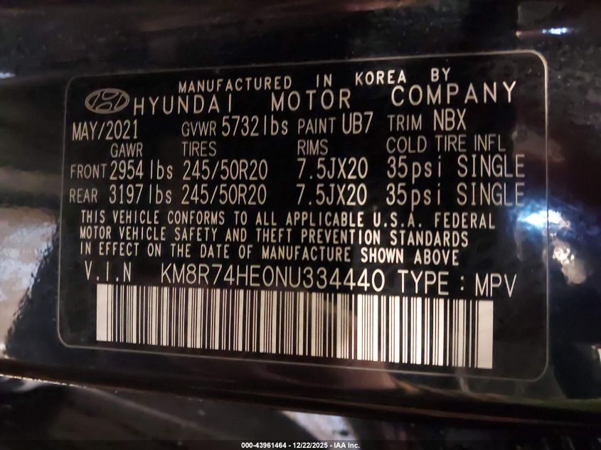 2022 Hyundai Palisade Calligraphy VIN: KM8R74HE0NU334440 Lot: 43961464