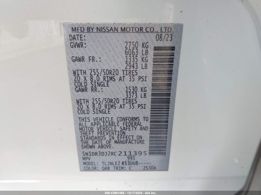 2024 Nissan Pathfinder Platinum VIN: 5N1DR3DJ2RC211395 Lot: 43961465