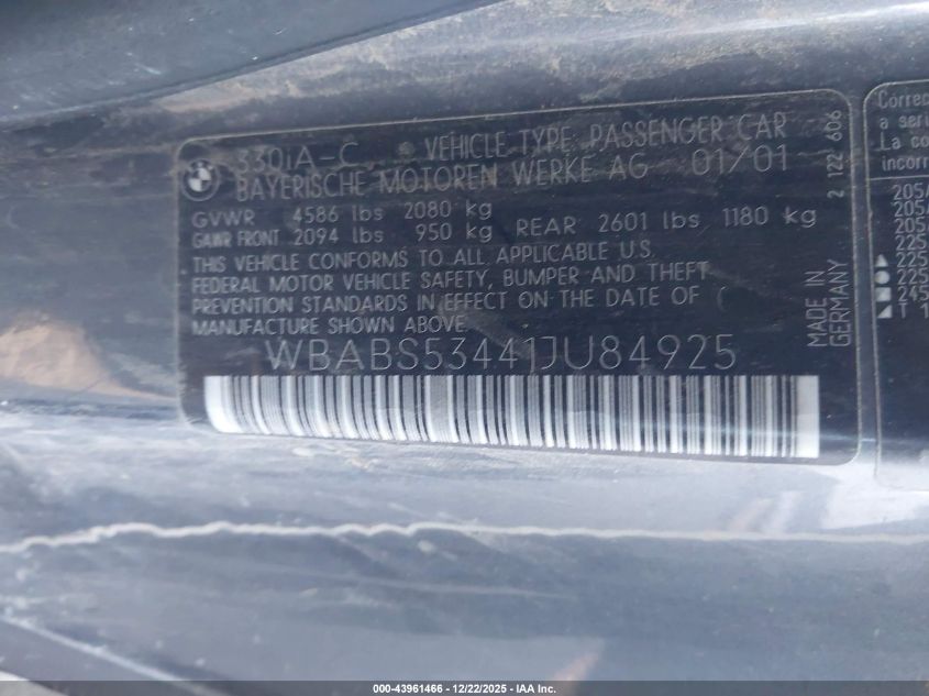 2001 BMW 330Ci VIN: WBABS53441JU84925 Lot: 43961466