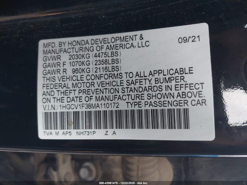 2021 Honda Accord Sport VIN: 1HGCV1F38MA110172 Lot: 43961470