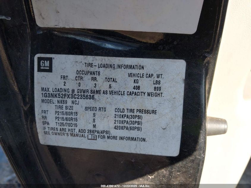 2003 Oldsmobile Alero Gx VIN: 1G3NK52FX3C235636 Lot: 43961472