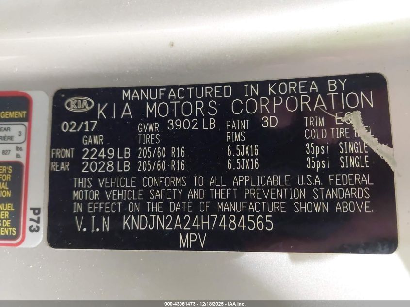 2017 Kia Soul VIN: KNDJN2A24H7484565 Lot: 43961473