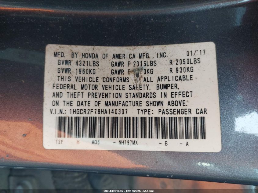2017 Honda Accord Ex VIN: 1HGCR2F78HA140307 Lot: 43961475
