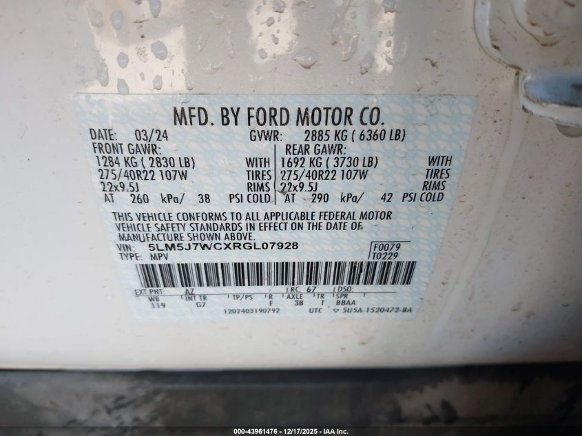 2024 Lincoln Aviator Reserve VIN: 5LM5J7WCXRGL07928 Lot: 43961476