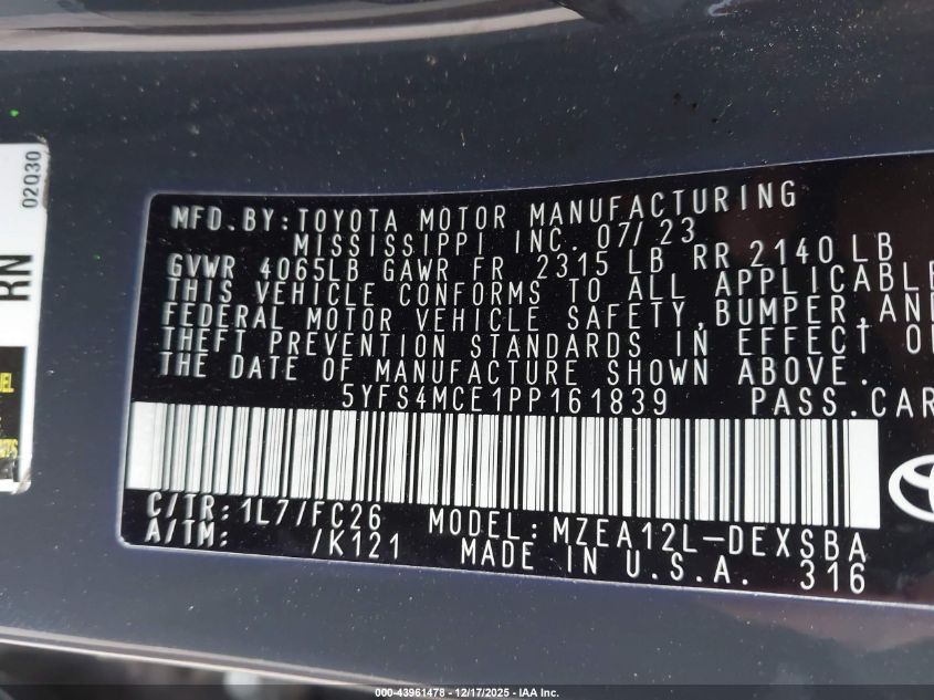 2023 Toyota Corolla Se VIN: 5YFS4MCE1PP161839 Lot: 43961478