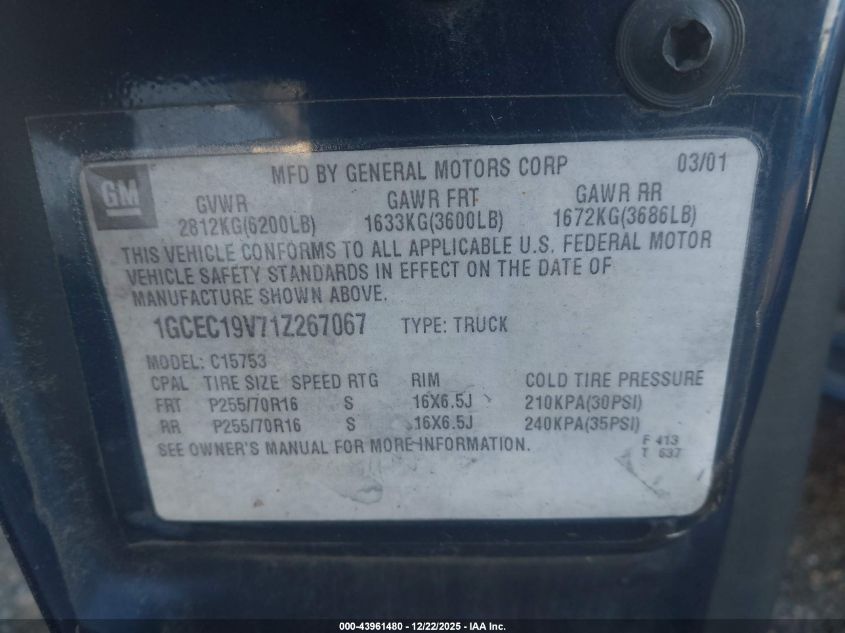 2001 Chevrolet Silverado 1500 VIN: 1GCEC19V71Z267067 Lot: 43961480