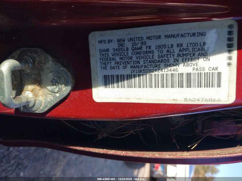 2000 Chevrolet Prizm Lsi VIN: 1Y1SK5282YZ413446 Lot: 43961483