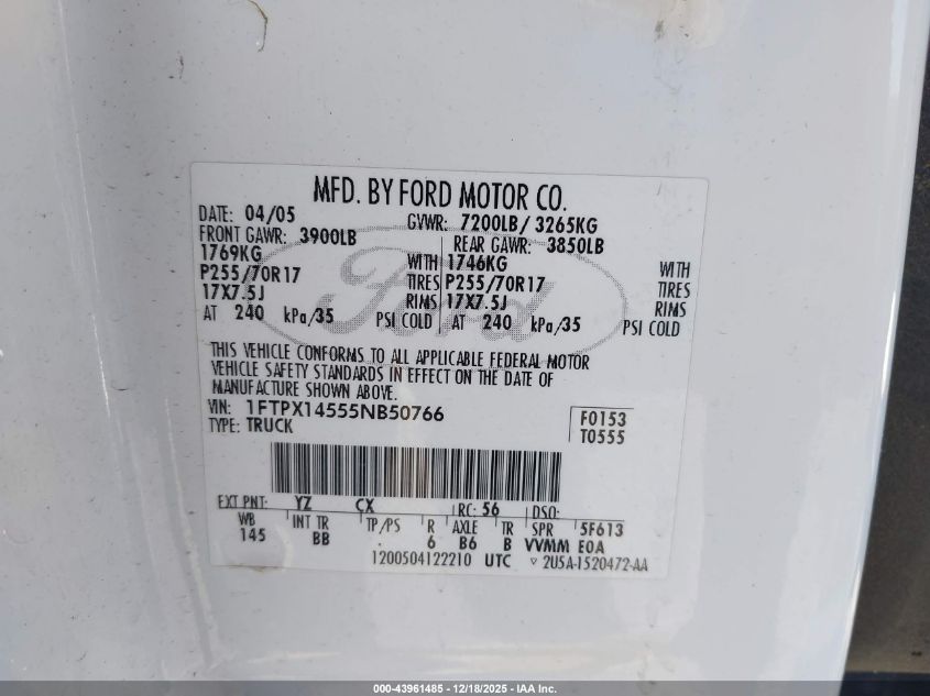 2005 Ford F-150 Fx4/Lariat/Xl/Xlt VIN: 1FTPX14555NB50766 Lot: 43961485