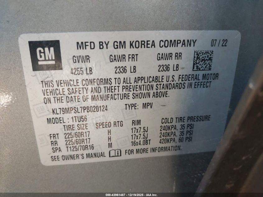 2023 Chevrolet Trailblazer Fwd Lt VIN: KL79MPSL7PB020124 Lot: 43961487