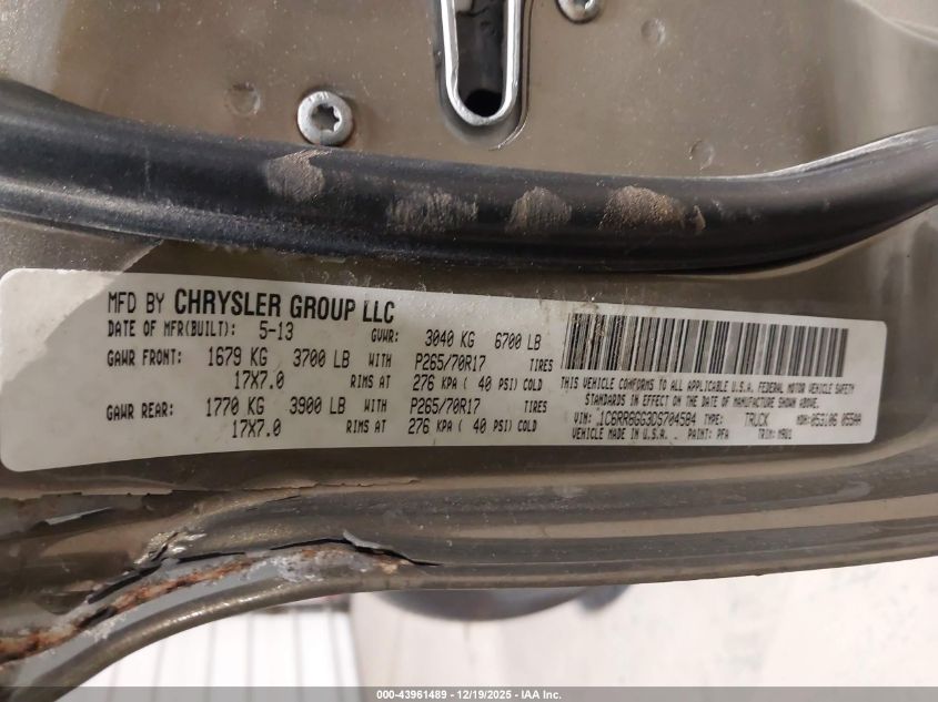 2013 Ram 1500 Slt VIN: 1C6RR6GG3DS704584 Lot: 43961489