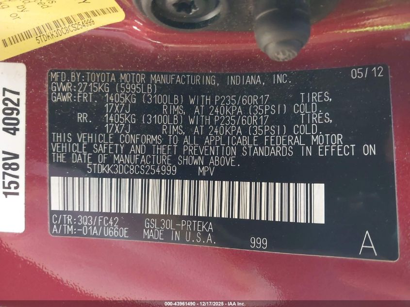 2012 Toyota Sienna Le V6 8 Passenger VIN: 5TDKK3DC8CS254999 Lot: 43961490