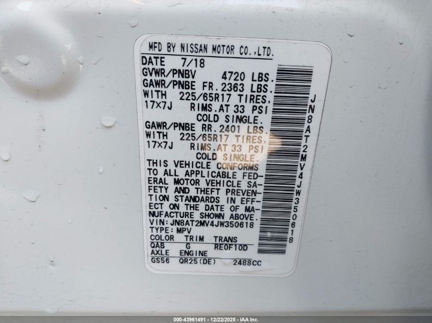 2018 Nissan Rogue Sv VIN: JN8AT2MV4JW350618 Lot: 43961491