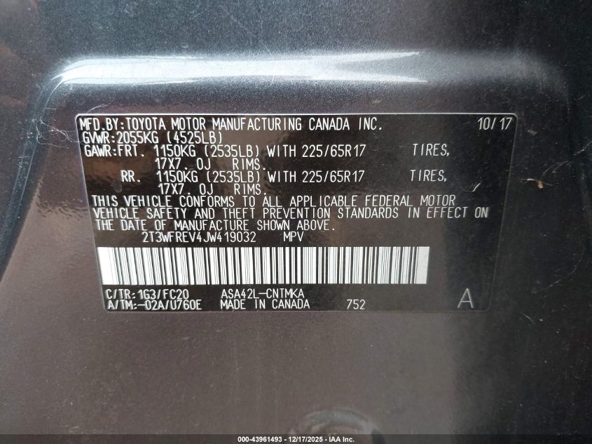 2018 Toyota Rav4 Adventure/Xle VIN: 2T3WFREV4JW419032 Lot: 43961493