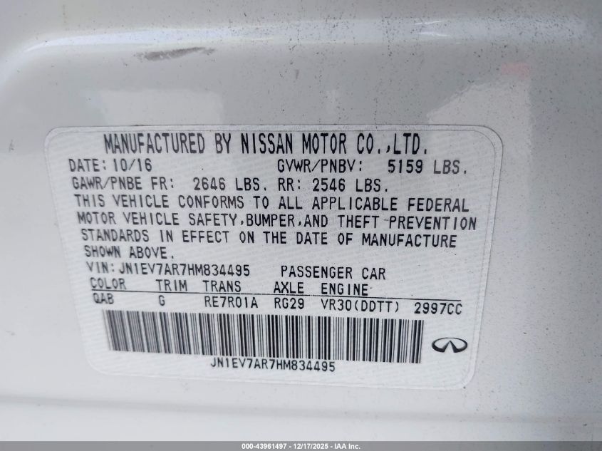 2017 Infiniti Q50 3.0T Premium VIN: JN1EV7AR7HM834495 Lot: 43961497