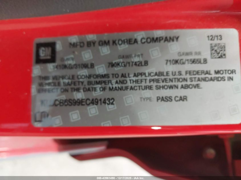 2014 Chevrolet Spark Ls Auto VIN: KL8CB6S99EC491432 Lot: 43961498