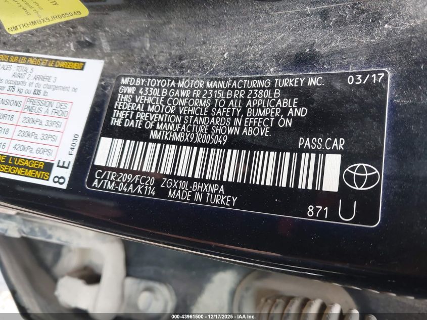 2018 Toyota C-Hr Xle VIN: NMTKHMBX9JR005049 Lot: 43961500