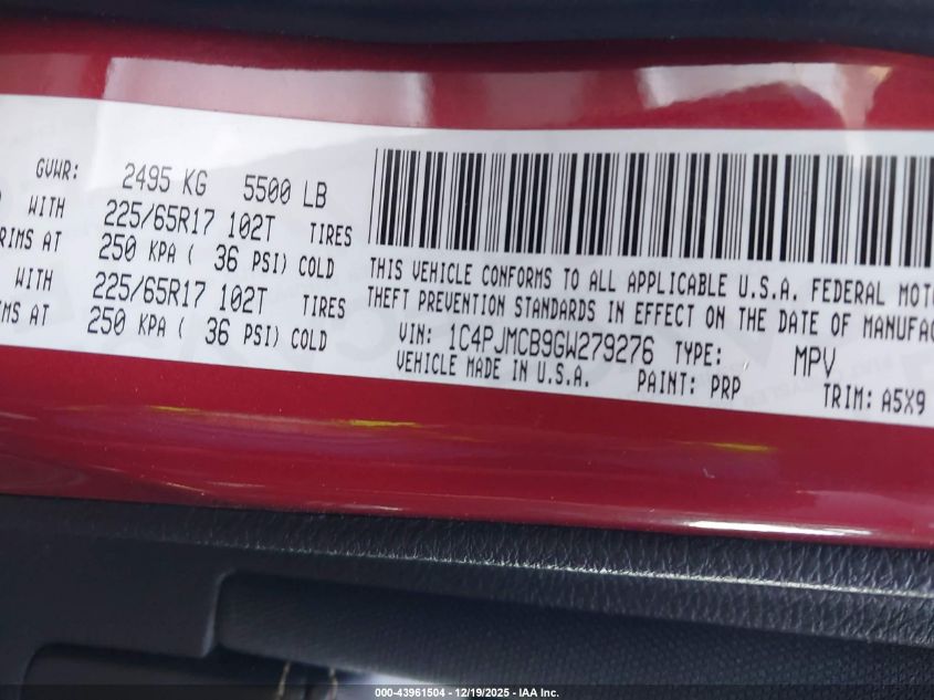 2016 Jeep Cherokee Latitude VIN: 1C4PJMCB9GW279276 Lot: 43961504