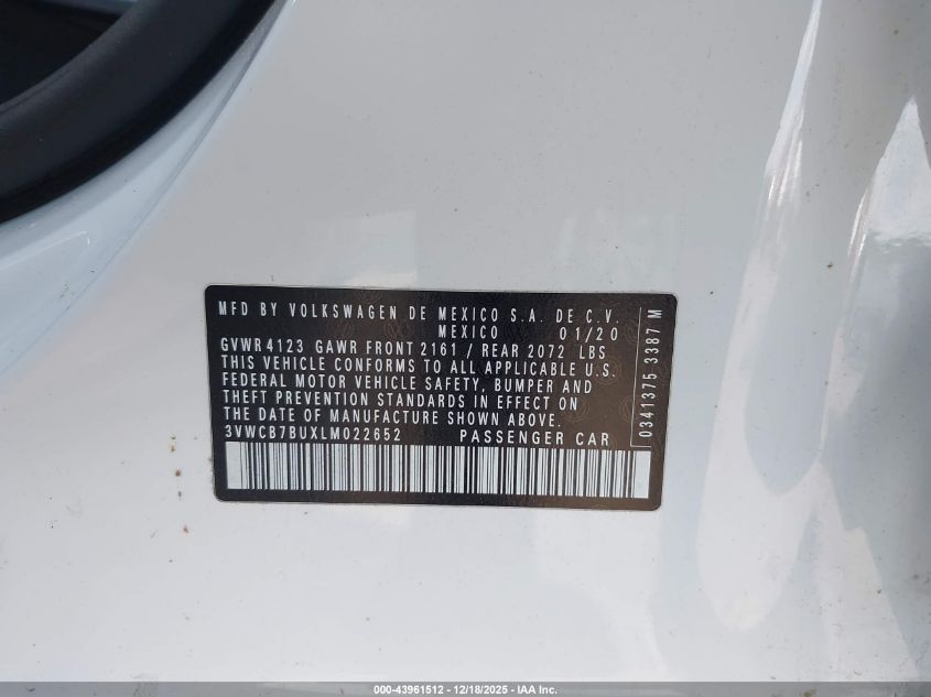 2020 Volkswagen Jetta 1.4T R-Line/1.4T S/1.4T Se VIN: 3VWCB7BUXLM022652 Lot: 43961512