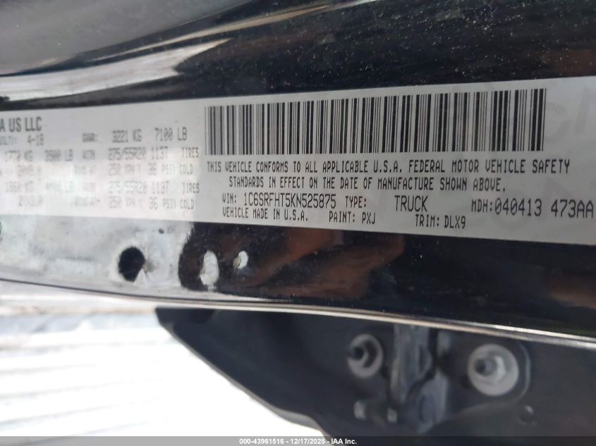 2019 Ram 1500 Limited 4X4 5'7 Box VIN: 1C6SRFHT5KN525875 Lot: 43961516