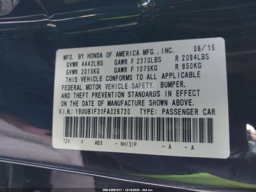 2015 Acura Tlx VIN: 19UUB1F31FA026730 Lot: 43961517