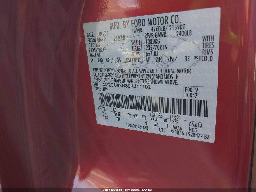 2006 Mercury Mariner Hybrid VIN: 4M2CU98H36KJ11102 Lot: 43961519