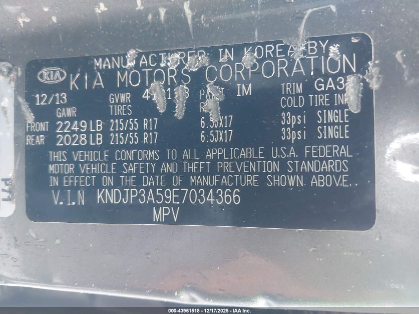 2014 Kia Soul + VIN: KNDJP3A59E7034366 Lot: 43961518