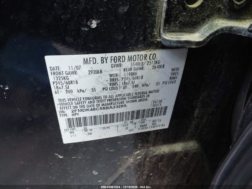 2008 Ford Edge Sel VIN: 2FMDK48C58BA33289 Lot: 43961524