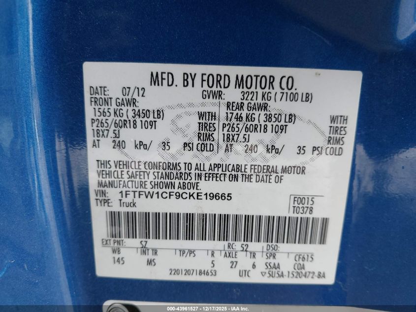 2012 Ford F-150 Xlt VIN: 1FTFW1CF9CKE19665 Lot: 43961527