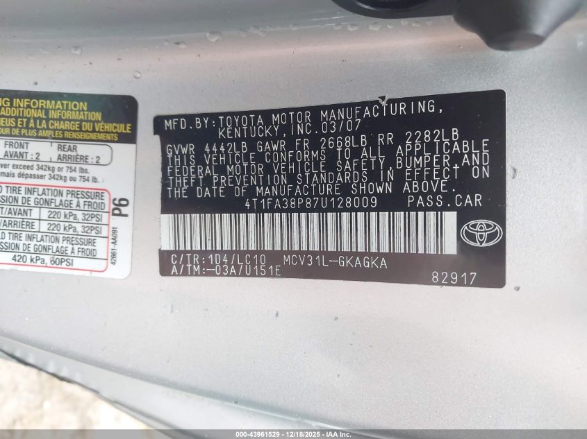 2007 Toyota Camry Solara Sle VIN: 4T1FA38P87U128009 Lot: 43961529