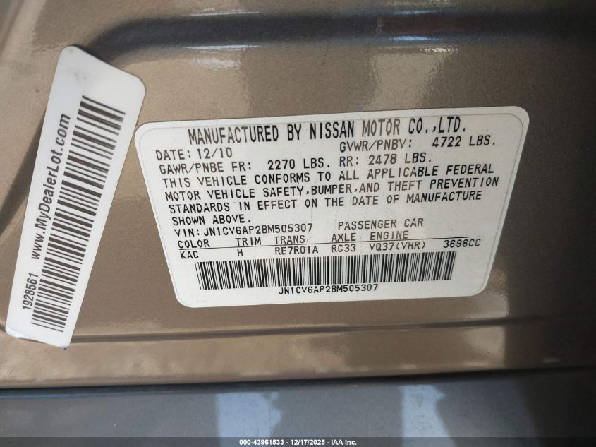 2011 Infiniti G37 Journey VIN: JN1CV6AP2BM505307 Lot: 43961533