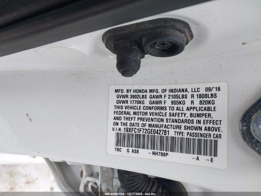 2016 Honda Civic Ex-L VIN: 19XFC1F72GE042781 Lot: 43961534