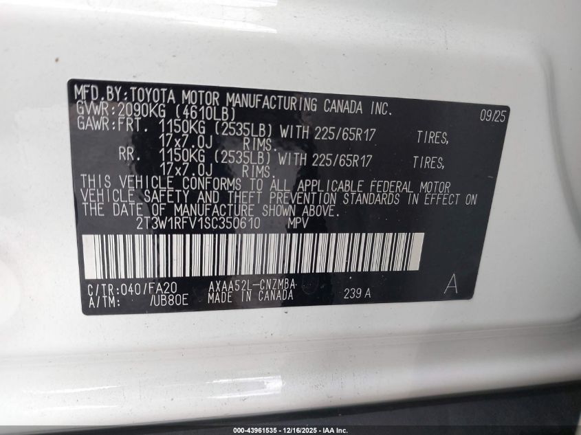 2025 Toyota Rav4 Xle VIN: 2T3W1RFV1SC350610 Lot: 43961535