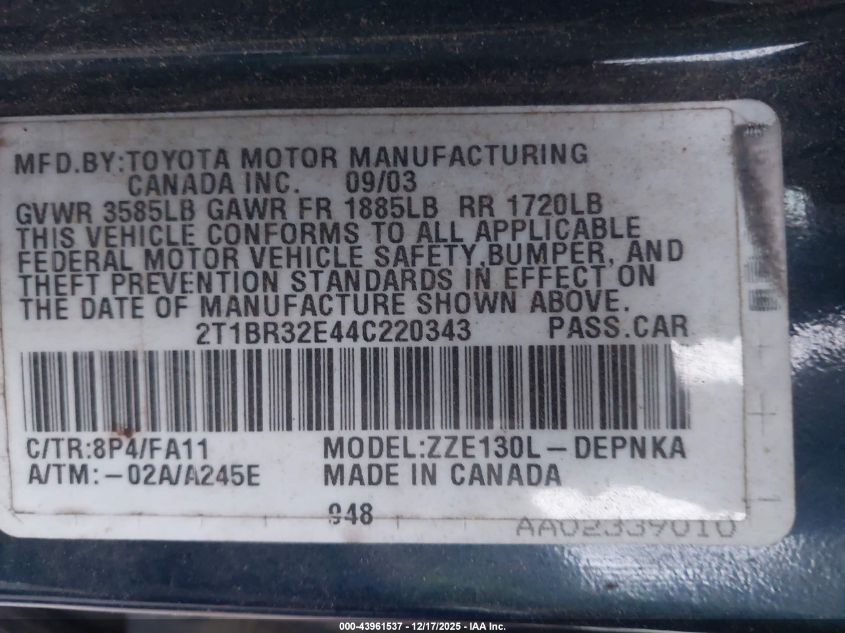 2004 Toyota Corolla Le VIN: 2T1BR32E44C220343 Lot: 43961537