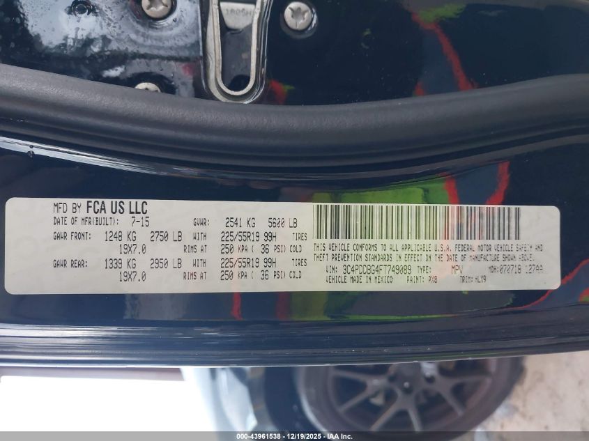 2015 Dodge Journey Sxt VIN: 3C4PDDBG4FT749089 Lot: 43961538