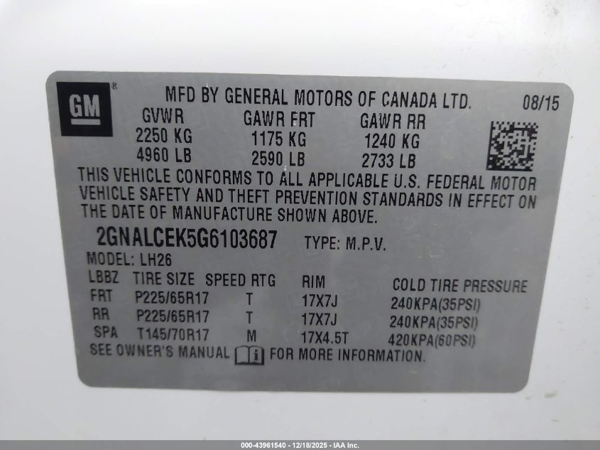 2016 Chevrolet Equinox Lt VIN: 2GNALCEK5G6103687 Lot: 43961540