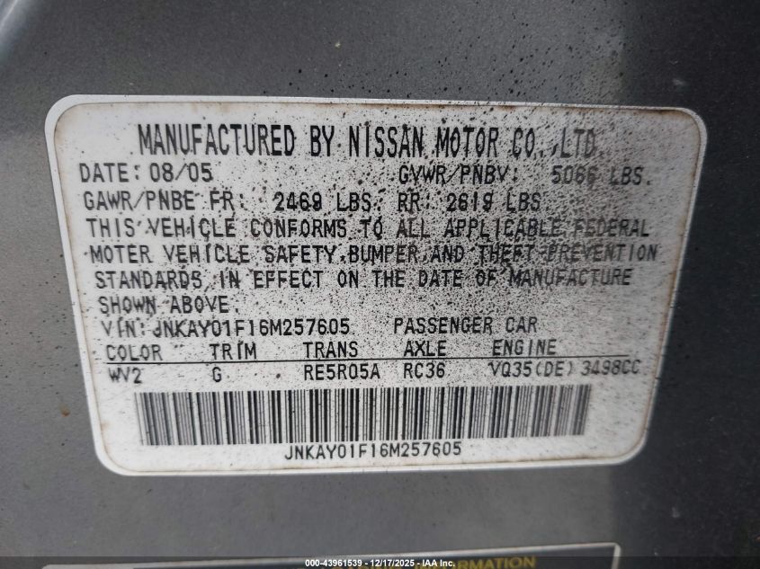 2006 Infiniti M35X VIN: JNKAY01F16M257605 Lot: 43961539