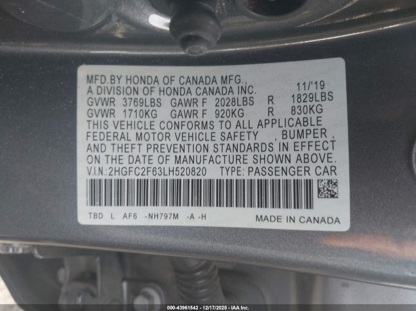 2020 Honda Civic Lx VIN: 2HGFC2F63LH520820 Lot: 43961542