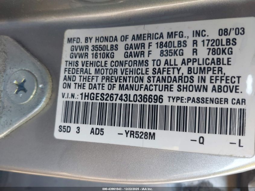2003 Honda Civic Ex VIN: 1HGES26743L036696 Lot: 43961543