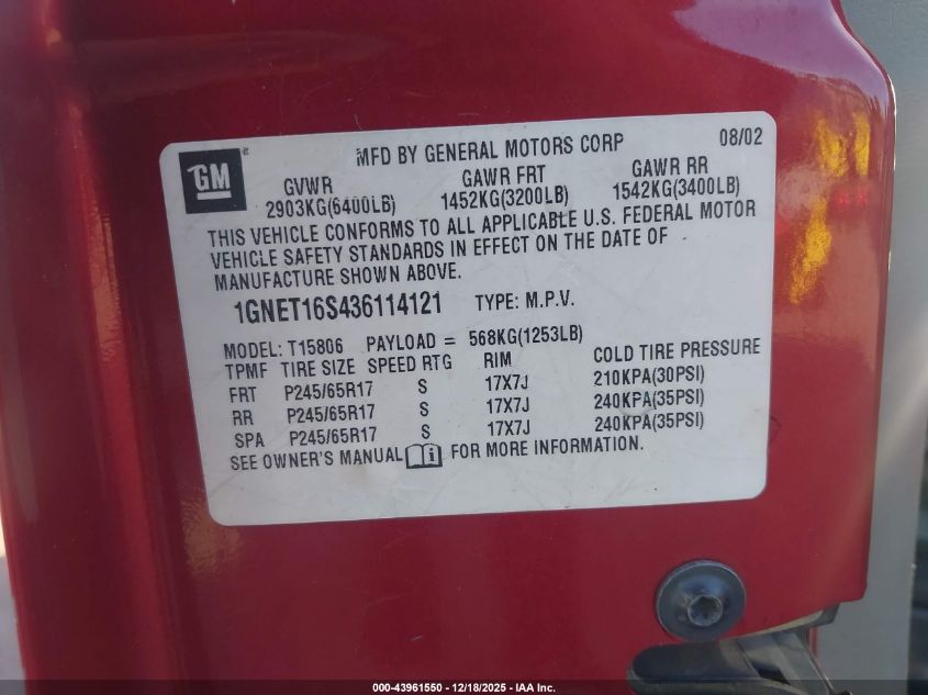 2003 Chevrolet Trailblazer Ext Lt VIN: 1GNET16S436114121 Lot: 43961550